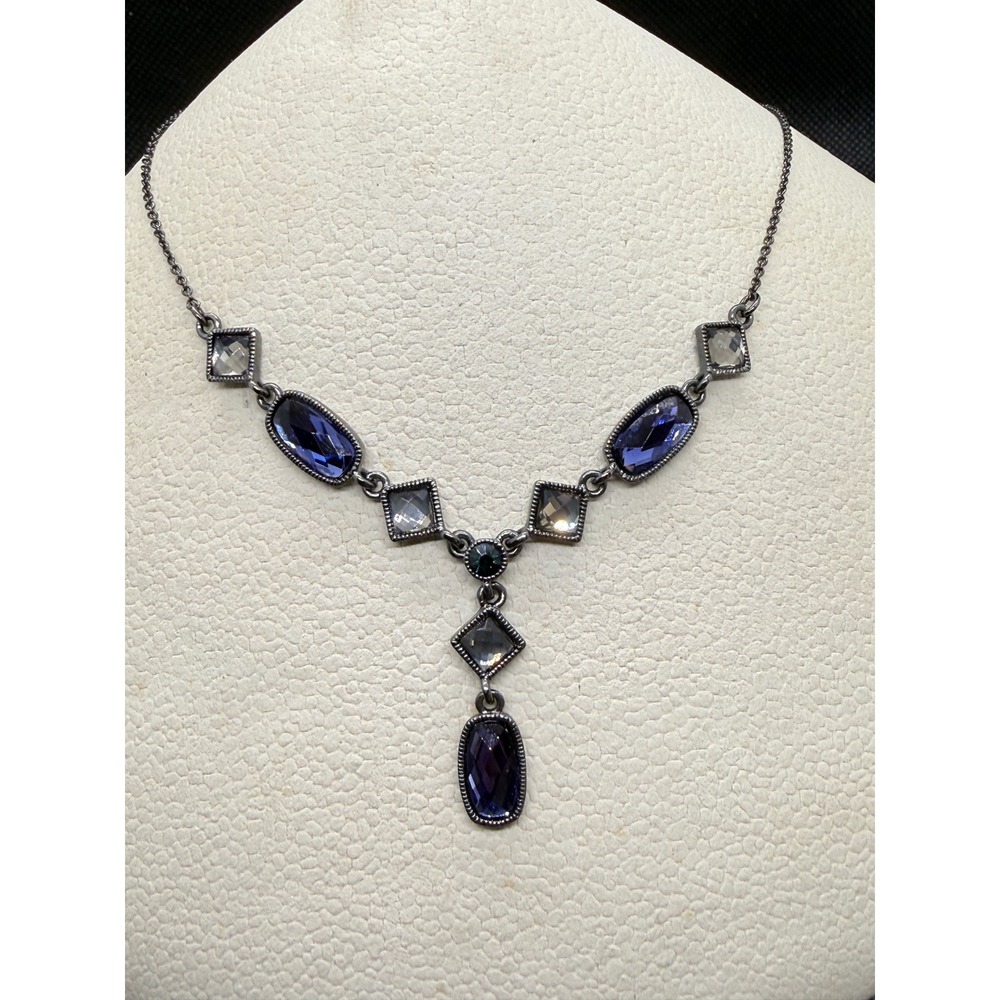 Avon NR Gunmetal Blue Purple Glass Stone Y-Necklace Statement Jewelry